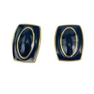 Vintage Monet Gold Tone Black Enamel Clip-On Earrings 1"